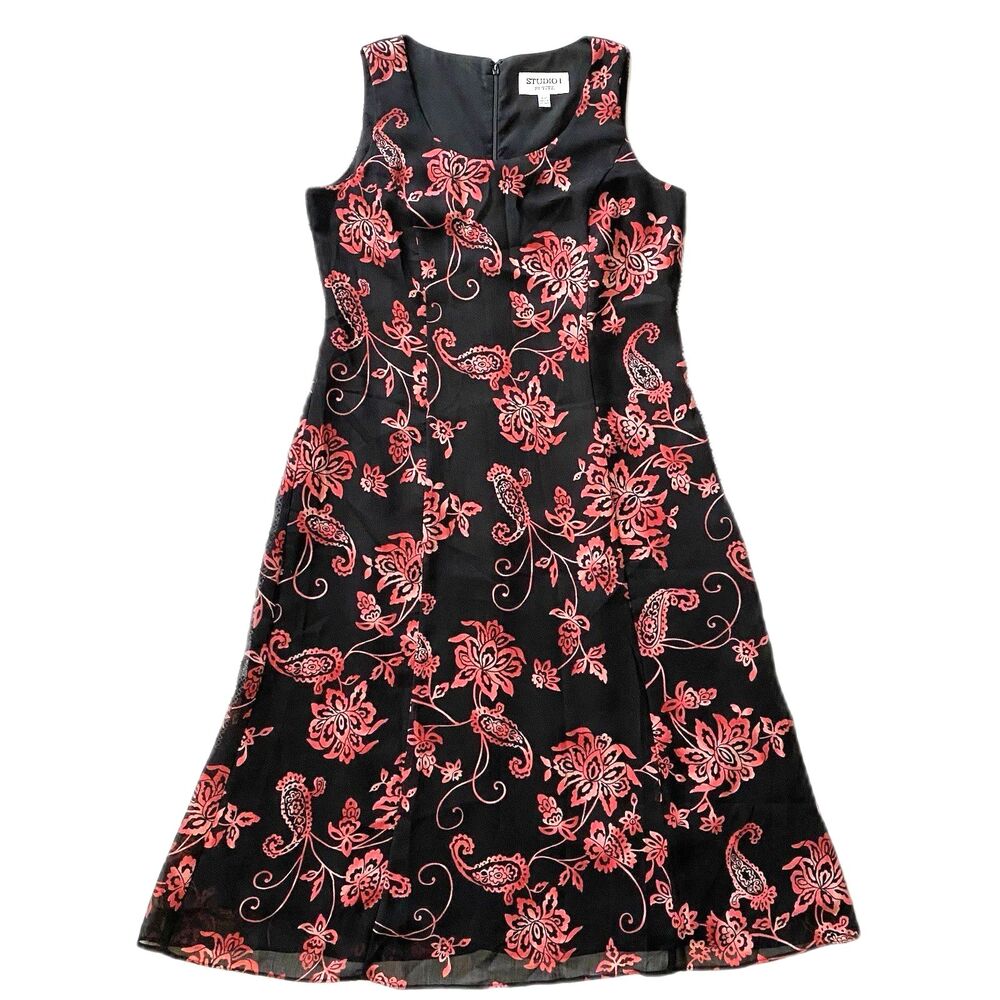STUDIO I Dress Shift Paisley Floral Sleeveless Derby Womens 10P 10 Petite Black